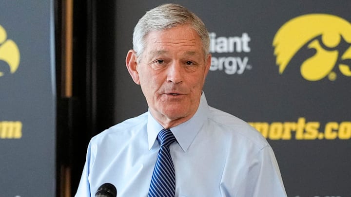Iowa head football coach Kirk Ferentz gives team updates during a press conference as spring training begins Wednesday, March 26, 2025 in Iowa City, Iowa. Iowa head football coach Kirk Ferentz gives team updates during a press conference as spring training begins Wednesday, March 26, 2025 in Iowa City, Iowa.