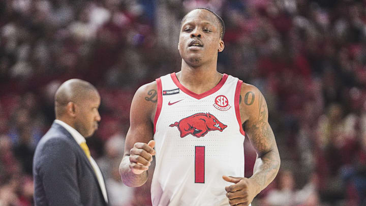 Arkansas Razorbacks guard Johnell Davis against the Missouri Tigers at Bud Walton Arena in Fayetteville, Ark.