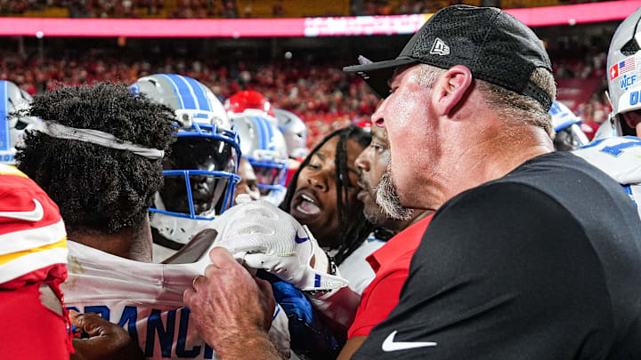 Detroit Lions head coach Dan Campbell tries to pull safety Brian Branch out from the scuffle after a 30-17 loss to the Kansas City Chiefs at Arrowhead Stadium in Kansas City, Missouri, on Sunday, Oct. 12, 2025.