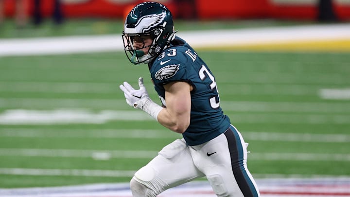 Feb 9, 2025; New Orleans, LA, USA; Philadelphia Eagles cornerback Cooper DeJean (33) scores a touchdown after making an interception against the Kansas City Chiefs during the first half of Super Bowl LIX at Caesars Superdome. Mandatory Credit: Bill Streicher-Imagn Images Feb 9, 2025; New Orleans, LA, USA; Philadelphia Eagles cornerback Cooper DeJean (33) scores a touchdown after making an interception against the Kansas City Chiefs during the first half of Super Bowl LIX at Caesars Superdome. Mandatory Credit: Bill Streicher-Imagn Images