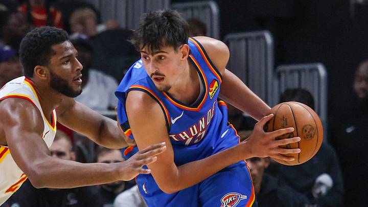 Oct 12, 2026; Atlanta, Georgia, USA; Oklahoma City Thunder center Aday Mara (15) protects the ball against Atlanta Hawks forward Zuby Ejiofor (20) during the second quarter at State Farm Arena. Mandatory Credit: Jordan Godfree-Imagn Images Oct 12, 2026; Atlanta, Georgia, USA; Oklahoma City Thunder center Aday Mara (15) protects the ball against Atlanta Hawks forward Zuby Ejiofor (20) during the second quarter at State Farm Arena. Mandatory Credit: Jordan Godfree-Imagn Images