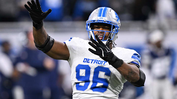 Dec 4, 2025; Detroit, Michigan, USA; Detroit Lions linebacker Al-Quadin Muhammad (96) during the second half against the Dallas Cowboys at Ford Field. Dec 4, 2025; Detroit, Michigan, USA; Detroit Lions linebacker Al-Quadin Muhammad (96) during the second half against the Dallas Cowboys at Ford Field.