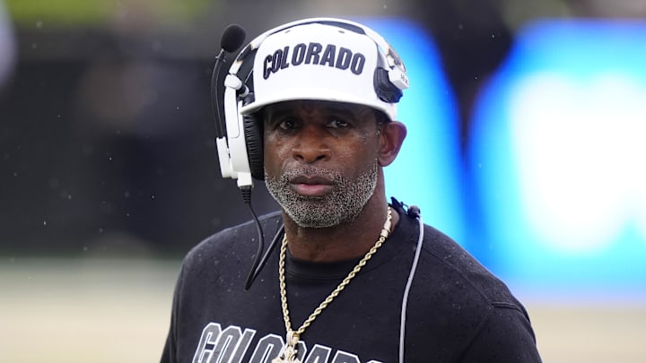 Oct 11, 2025; Boulder, Colorado, USA; Colorado Buffaloes head coach Deion Sanders during the first quarter against the Iowa State Cyclones at Folsom Field. Mandatory Credit: Ron Chenoy-Imagn Images