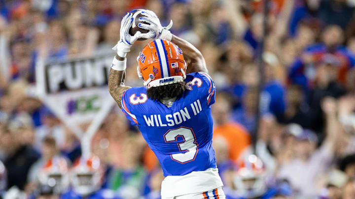 Oct 19, 2024; Gainesville, Florida, USA; Florida Gators wide receiver Eugene Wilson III (3) makes a catch against the Kentucky Wildcats during the first half at Ben Hill Griffin Stadium. Mandatory Credit: Matt Pendleton-Imagn Images Oct 19, 2024; Gainesville, Florida, USA; Florida Gators wide receiver Eugene Wilson III (3) makes a catch against the Kentucky Wildcats during the first half at Ben Hill Griffin Stadium. Mandatory Credit: Matt Pendleton-Imagn Images