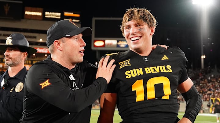 Sep 26, 2025; Tempe, Arizona, USA; Arizona State Sun Devils quarterback Sam Leavitt (10) celebrates with head coach Kenny Dillingham after win against TCU Horned Frogs at Mountain America Stadium, Home of the ASU Sun Devils. Mandatory Credit: Jacob Reiner-Imagn Images