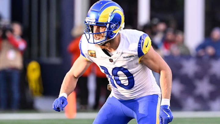 Nov 17, 2024; Foxborough, Massachusetts, USA; Los Angeles Rams wide receiver Cooper Kupp (10) lines up against the New England Patriots during the second half at Gillette Stadium. Mandatory Credit: Eric Canha-Imagn Images