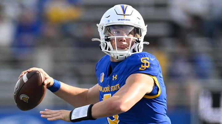 Nov 29, 2024; San Jose, California, USA; San Jose State Spartans quarterback Walker Eget (5) throws against the Stanford Cardinal in the second quarter at CEFCU Stadium. Mandatory Credit: Eakin Howard-Imagn Images Nov 29, 2024; San Jose, California, USA; San Jose State Spartans quarterback Walker Eget (5) throws against the Stanford Cardinal in the second quarter at CEFCU Stadium. Mandatory Credit: Eakin Howard-Imagn Images