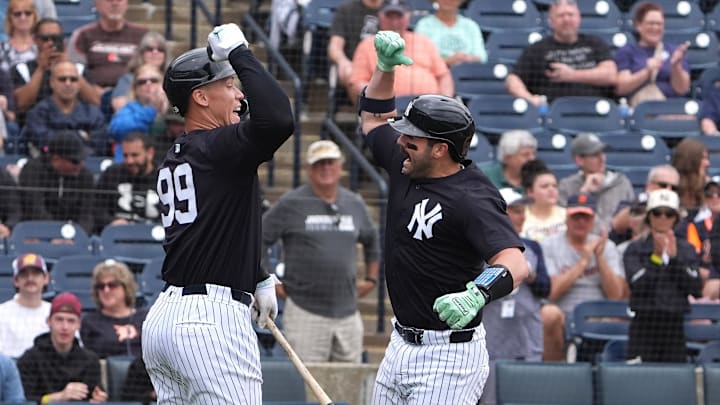 Mar 10, 2025; Tampa, Florida, USA; New York Yankees outfielder Aaron Judge (99) and catcher Austin Wells (28) celebrate after Wells hit a home run against the Detroit Tigers during the first inning at George M. Steinbrenner Field. Mar 10, 2025; Tampa, Florida, USA; New York Yankees outfielder Aaron Judge (99) and catcher Austin Wells (28) celebrate after Wells hit a home run against the Detroit Tigers during the first inning at George M. Steinbrenner Field.