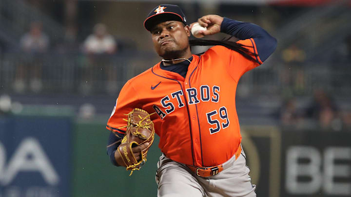 Jun 5, 2025; Pittsburgh, Pennsylvania, USA;  Houston Astros starting pitcher Framber Valdez (59) delivers a pitch against the Pittsburgh Pirates during the first inning at PNC Park. 