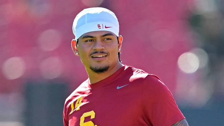 Oct 11, 2025; Los Angeles, California, USA;  USC Trojans quarterback Jayden Maiava (14) warms up prior to the game against the Michigan Wolverines at United Airlines Field at the Los Angeles Memorial Coliseum. Mandatory Credit: Jayne Kamin-Oncea-Imagn Images