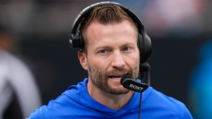 Nov 30, 2025; Charlotte, North Carolina, USA; Los Angeles Rams head coach Sean McVay looks on during the first quarter against the Carolina Panthers at Bank of America Stadium. Mandatory Credit: Jim Dedmon-Imagn Images