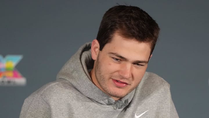 New England Patriots quarterback Drake Maye talks to media members at the Santa Clara Marriott.