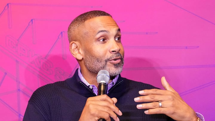 Nov 22, 2024; Kansas City, Missouri, USA; Minority owner of the Orlando Pride Grant Hill speaks during a DEI Summit ahead of the 2024 NWSL Championship match at Union Station. Mandatory Credit: Denny Medley-Imagn Images