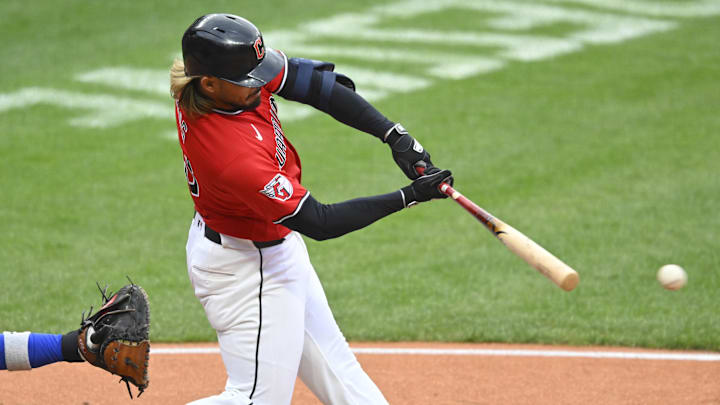 Apr 5, 2026; Cleveland, Ohio, USA; Cleveland Guardians shortstop Gabriel Arias (13) hits an RBI single in the sixth inning against the Chicago Cubs at Progressive Field. Mandatory Credit: David Richard-Imagn Images Apr 5, 2026; Cleveland, Ohio, USA; Cleveland Guardians shortstop Gabriel Arias (13) hits an RBI single in the sixth inning against the Chicago Cubs at Progressive Field. Mandatory Credit: David Richard-Imagn Images