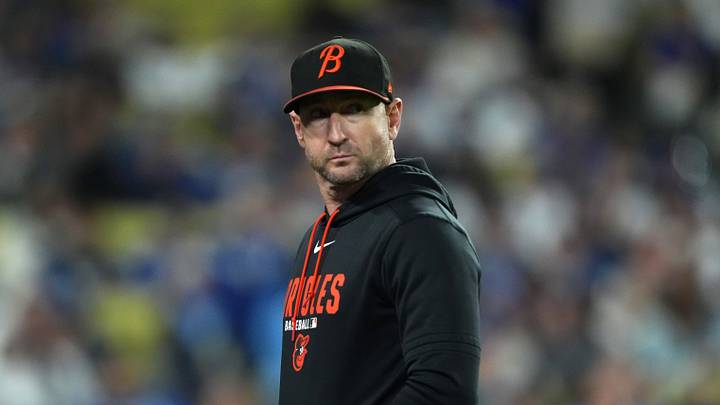 Jun 19, 2026; Los Angeles, California, USA;  Baltimore Orioles manager Craig Albernaz reacts during the game against the Los Angeles Dodgers at Dodger Stadium. Mandatory Credit: Kirby Lee-Imagn Images