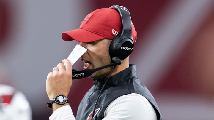 Nov 23, 2025; Glendale, Arizona, USA; Arizona Cardinals head coach Jonathan Gannon against the Jacksonville Jaguars at State Farm Stadium. Mandatory Credit: Mark J. Rebilas-Imagn Images