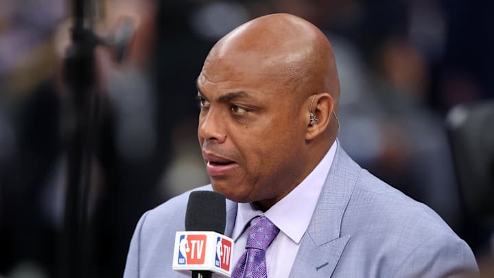 Jun 12, 2024; Dallas, Texas, USA; NBA TV analyst Charles Barkley talks on set before game three of the 2024 NBA Finals between the Boston Celtics and the Dallas Mavericks at American Airlines Center. Mandatory Credit: Kevin Jairaj-Imagn Images