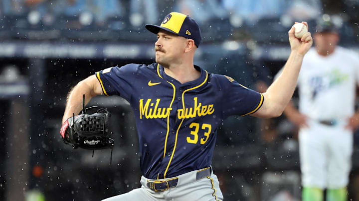 Milwaukee Brewers pitcher Tyler Alexander (33) throws against the Tampa Bay Rays at George M. Steinbrenner Field. Milwaukee Brewers pitcher Tyler Alexander (33) throws against the Tampa Bay Rays at George M. Steinbrenner Field.
