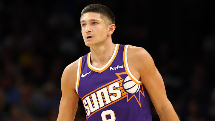 Feb 26, 2026; Phoenix, Arizona, USA; Phoenix Suns guard Grayson Allen (8) against the Los Angeles Lakers at Mortgage Matchup Center. Mandatory Credit: Mark J. Rebilas-Imagn Images