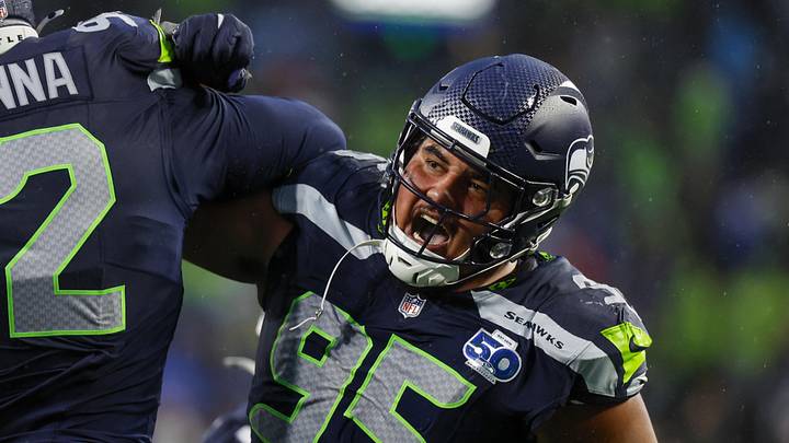 Aug 15, 2025; Seattle, Washington, USA; Seattle Seahawks defensive tackle Brandon Pili (95) celebrates following a safety against the Kansas City Chiefs during the second quarter at Lumen Field. Aug 15, 2025; Seattle, Washington, USA; Seattle Seahawks defensive tackle Brandon Pili (95) celebrates following a safety against the Kansas City Chiefs during the second quarter at Lumen Field.