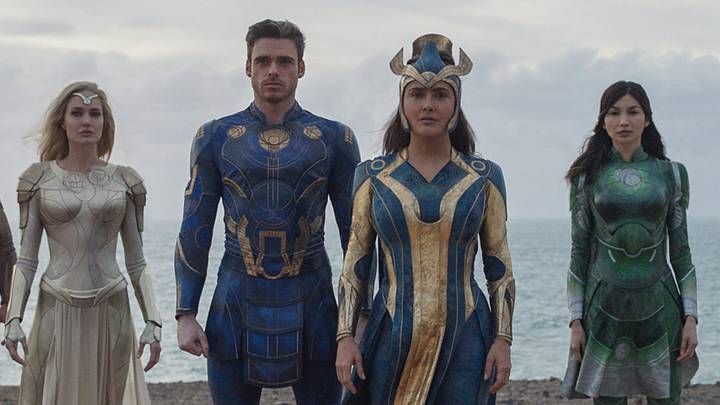 (L-R): Kingo (Kumail Nanjiani), Makkari (Lauren Ridloff), Gilgamesh (Don Lee), Thena (Angelina Jolie), Ikaris (Richard Madden), Ajak (Salma Hayek), Sersi (Gemma Chan), Sprite (Lia McHugh), Phastos (Brian Tyree Henry) and Druig (Barry Keoghan) in Marvel Studios' ETERNALS. (L-R): Kingo (Kumail Nanjiani), Makkari (Lauren Ridloff), Gilgamesh (Don Lee), Thena (Angelina Jolie), Ikaris (Richard Madden), Ajak (Salma Hayek), Sersi (Gemma Chan), Sprite (Lia McHugh), Phastos (Brian Tyree Henry) and Druig (Barry Keoghan) in Marvel Studios' ETERNALS.
