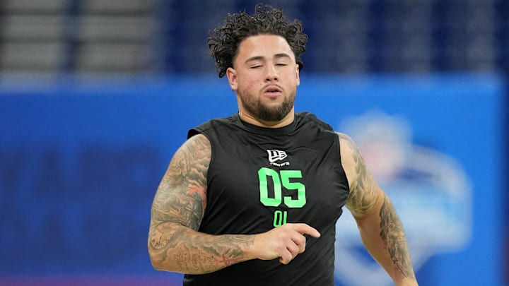 Mar 1, 2026; Indianapolis, IN, USA; Texas A&M offensive lineman Chase Bisontis (OL05) during the NFL Scouting Combine at Lucas Oil Stadium. Mandatory Credit: Kirby Lee-Imagn Images