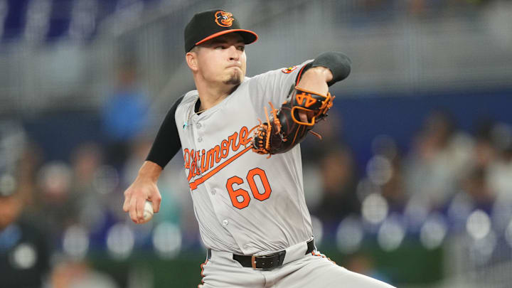 Jul 24, 2024; Miami, Florida, USA; Baltimore Orioles starting pitcher Chayce McDermott (60) pitches against the Miami Marlins in the first inning at loanDepot Park. Jul 24, 2024; Miami, Florida, USA; Baltimore Orioles starting pitcher Chayce McDermott (60) pitches against the Miami Marlins in the first inning at loanDepot Park.
