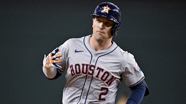 Aug 5, 2024; Arlington, Texas, USA; Houston Astros third baseman Alex Bregman (2) rounds the bases after he hits a solo home run against the Texas Rangers during the third inning at Globe Life Field