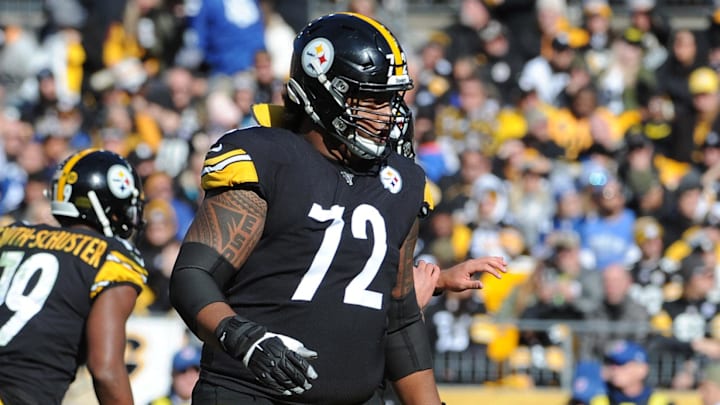 Nov 3, 2019; Pittsburgh, PA, USA; Pittsburgh Steelers offensive tackle Zach Banner (72) during the first quarter at Heinz Field. Mandatory Credit: Philip G. Pavely-Imagn Images