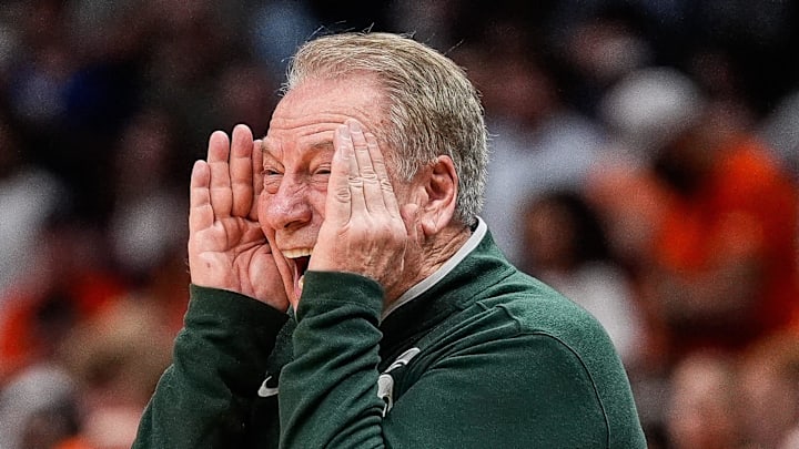 Michigan State head coach Tom Izzo reacts to a play against Auburn during the second half of the Elite Eight round of NCAA tournament at State Farm Arena in Atlanta, Ga. on Sunday, March 30, 2025.