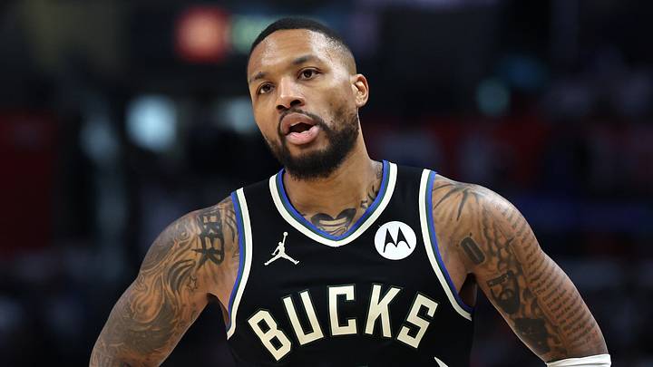 Milwaukee Bucks guard Damian Lillard (0) reacts to a call during the third quarter against the Los Angeles Clippers at Crypto.com Arena on March 10, 2024.