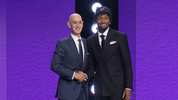 Jun 23, 2026; New York, NY, USA; NBA commissioner Adam Silver greets the second pick in the 2026 NBA draft, Kansas guard Darryn Peterson after he was selected by the Utah Jazz at Barclays Center. Mandatory Credit: Brad Penner-Imagn Images Jun 23, 2026; New York, NY, USA; NBA commissioner Adam Silver greets the second pick in the 2026 NBA draft, Kansas guard Darryn Peterson after he was selected by the Utah Jazz at Barclays Center. Mandatory Credit: Brad Penner-Imagn Images