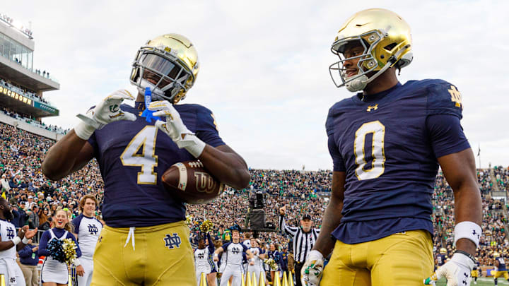 Notre Dame running back Jeremiyah Love scored three touchdowns Saturday Notre Dame running back Jeremiyah Love scored three touchdowns Saturday