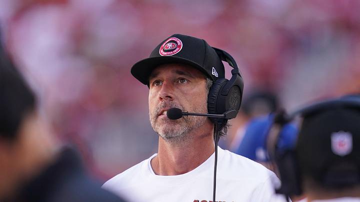 Oct 20, 2024; Santa Clara, California, USA; San Francisco 49ers head coach Kyle Shanahan reacts after the Kansas City Chiefs picked up a first down in the fourth quarter at Levi's Stadium. Mandatory Credit: Cary Edmondson-Imagn Images
