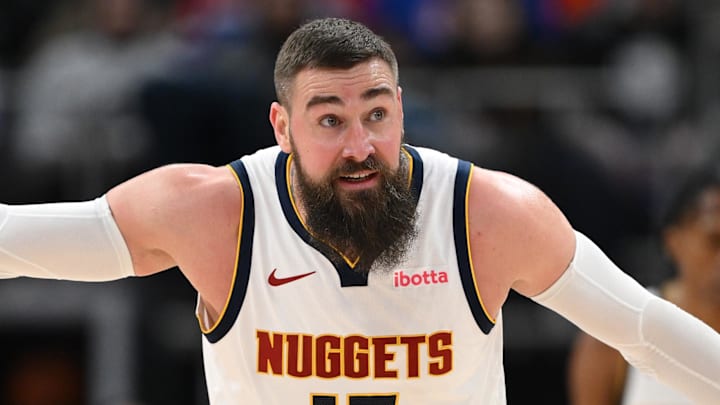 Feb 3, 2026; Detroit, Michigan, USA;  Denver Nuggets center Jonas Valanciunas (17) directs his teammates on defense against the Detroit Pistons in the third quarter at Little Caesars Arena. Mandatory Credit: Lon Horwedel-Imagn Images