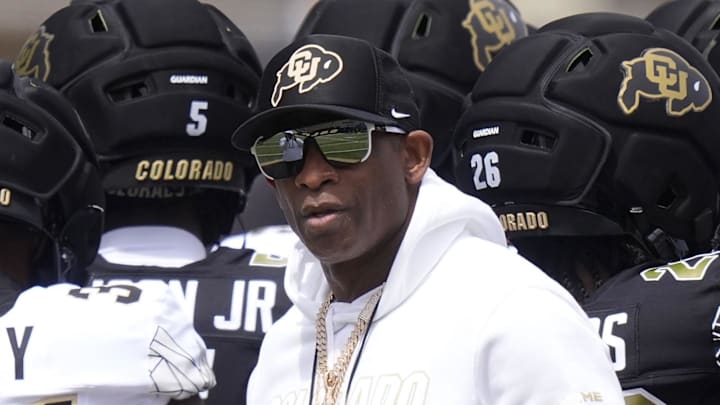 Apr 11, 2026; Boulder, CO, USA; Colorado Buffaloes head coach Deion Sanders before the start of the spring game at Folsom Field. Mandatory Credit: Ron Chenoy-Imagn Images