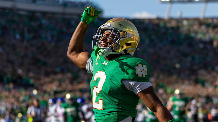 Oct 4, 2025; South Bend, Indiana, USA; Notre Dame Fighting Irish wide receiver Will Pauling (2) celebrates scoring against the Boise State Broncos during the first half at Notre Dame Stadium. Oct 4, 2025; South Bend, Indiana, USA; Notre Dame Fighting Irish wide receiver Will Pauling (2) celebrates scoring against the Boise State Broncos during the first half at Notre Dame Stadium.
