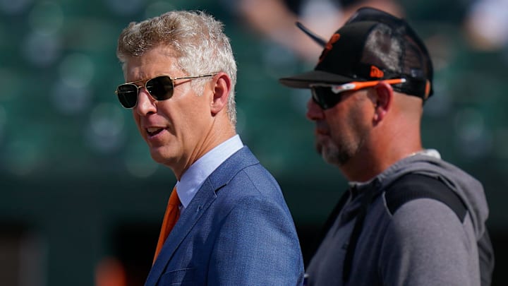 Jul 27, 2022; Baltimore, Maryland, USA; Baltimore Orioles general manager Mike Elias reacts on the field before the game between the Baltimore Orioles and the Tampa Bay Rays at Oriole Park at Camden Yards
