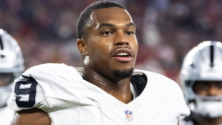 Aug 23, 2025; Glendale, Arizona, USA; Las Vegas Raiders defensive end Tyree Wilson (9) against the Arizona Cardinals during a preseason NFL game at State Farm Stadium. Mandatory Credit: Mark J. Rebilas-Imagn Images