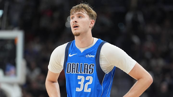 Feb 7, 2026; San Antonio, Texas, USA;  Dallas Mavericks forward Cooper Flagg (32) looks on in the first half against the San Antonio Spurs at Frost Bank Center. Mandatory Credit: Daniel Dunn-Imagn Images