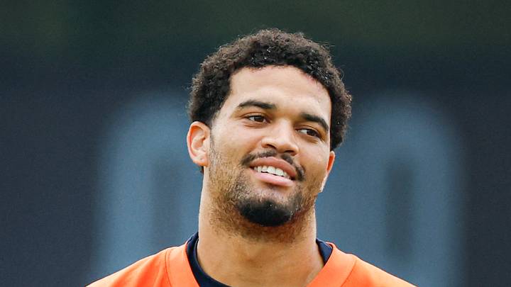Aug 5, 2026; Lake Forest, IL, USA; Chicago Bears quarterback Caleb Williams (18) stands on the field during training camp at Halas Hall. Mandatory Credit: Kamil Krzaczynski-Imagn Images