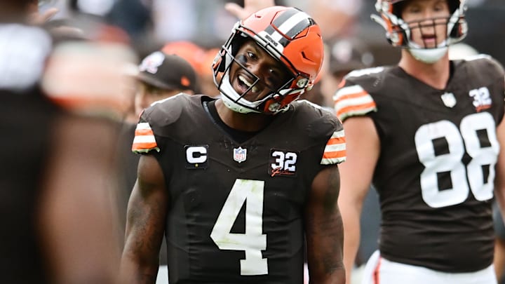 Cleveland Browns quarterback Deshaun Watson (4) celebrates after throwing a touchdown pass. Cleveland Browns quarterback Deshaun Watson (4) celebrates after throwing a touchdown pass.