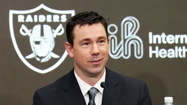 Feb 10, 2026; Henderson, NV, USA; Las Vegas Raiders coach Klint Kubiak speaks at introductory press conference at Intermountain Health Performance Center. Mandatory Credit: Kirby Lee-Imagn Images Feb 10, 2026; Henderson, NV, USA; Las Vegas Raiders coach Klint Kubiak speaks at introductory press conference at Intermountain Health Performance Center. Mandatory Credit: Kirby Lee-Imagn Images