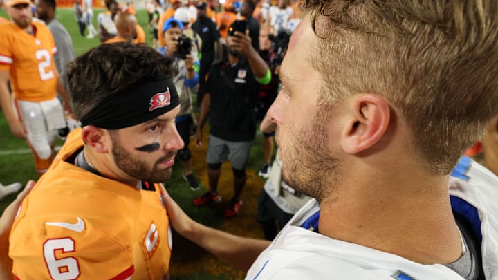 Tampa Bay Buccaneers quarterback Baker Mayfield (6) and Detroit Lions quarterback Jared Goff (16) shake hands 