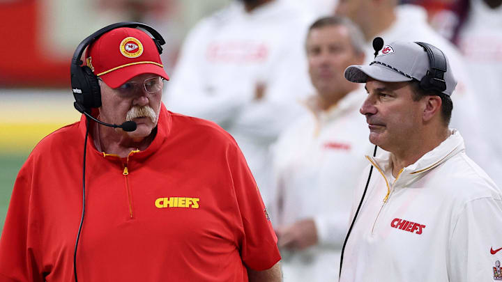 Feb 9, 2025; New Orleans, LA, USA; Kansas City Chiefs head coach Andy Reid and defensive line coach Joe Cullen looks on from the sideline of Super Bowl LIX at Caesars Superdome. Mandatory Credit: Bill Streicher-Imagn Images Feb 9, 2025; New Orleans, LA, USA; Kansas City Chiefs head coach Andy Reid and defensive line coach Joe Cullen looks on from the sideline of Super Bowl LIX at Caesars Superdome. Mandatory Credit: Bill Streicher-Imagn Images