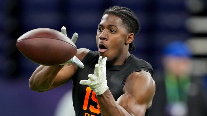 Feb 28, 2026; Indianapolis, IN, USA; Notre Dame running back Jadarian Price (RB15) during the NFL Scouting Combine at Lucas Oil Stadium. Mandatory Credit: Kirby Lee-Imagn Images