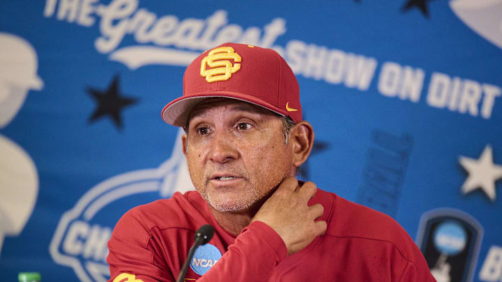 May 31, 2025; Corvallis, OR, USA; USC head coach Andy Stankiewicz takes questions after a game against Saint Mary's at the NCAA Corvallis Regional at Goss Stadium. Mandatory Credit: Troy Wayrynen-Imagn Images