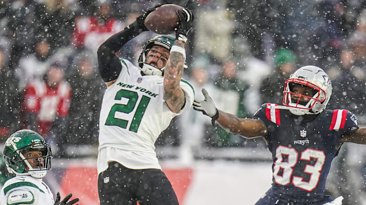 Jan 7, 2024; Foxborough, Massachusetts, USA; New York Jets safety Ashtyn Davis (21) intercepts a