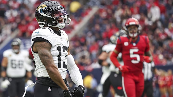 Nov 26, 2023; Houston, Texas, USA; Jacksonville Jaguars wide receiver Christian Kirk (13) reacts after making a first down during the first quarter against the Houston Texans at NRG Stadium. Mandatory Credit: Troy Taormina-Imagn Images Nov 26, 2023; Houston, Texas, USA; Jacksonville Jaguars wide receiver Christian Kirk (13) reacts after making a first down during the first quarter against the Houston Texans at NRG Stadium. Mandatory Credit: Troy Taormina-Imagn Images