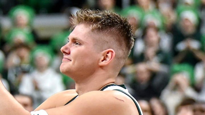 Michigan State's Jaxon Kohler acknowledges the fans during the senior night ceremony after the Spartans win over Rutgers on Thursday, March 5, 2026, at the Breslin Center in East Lansing.
